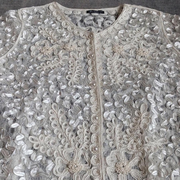 Vintage Sheer Embroidered Lace Top Faux Pearl Button Up Blouse Cottage, Large - Picture 5 of 9